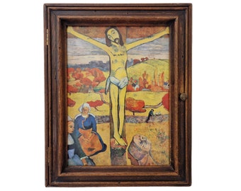 French Wooden Key Holder Cabinet with Paul Gauguin Art Print, The Yellow Christ, Entryway and Kitchen Hanging Hooks