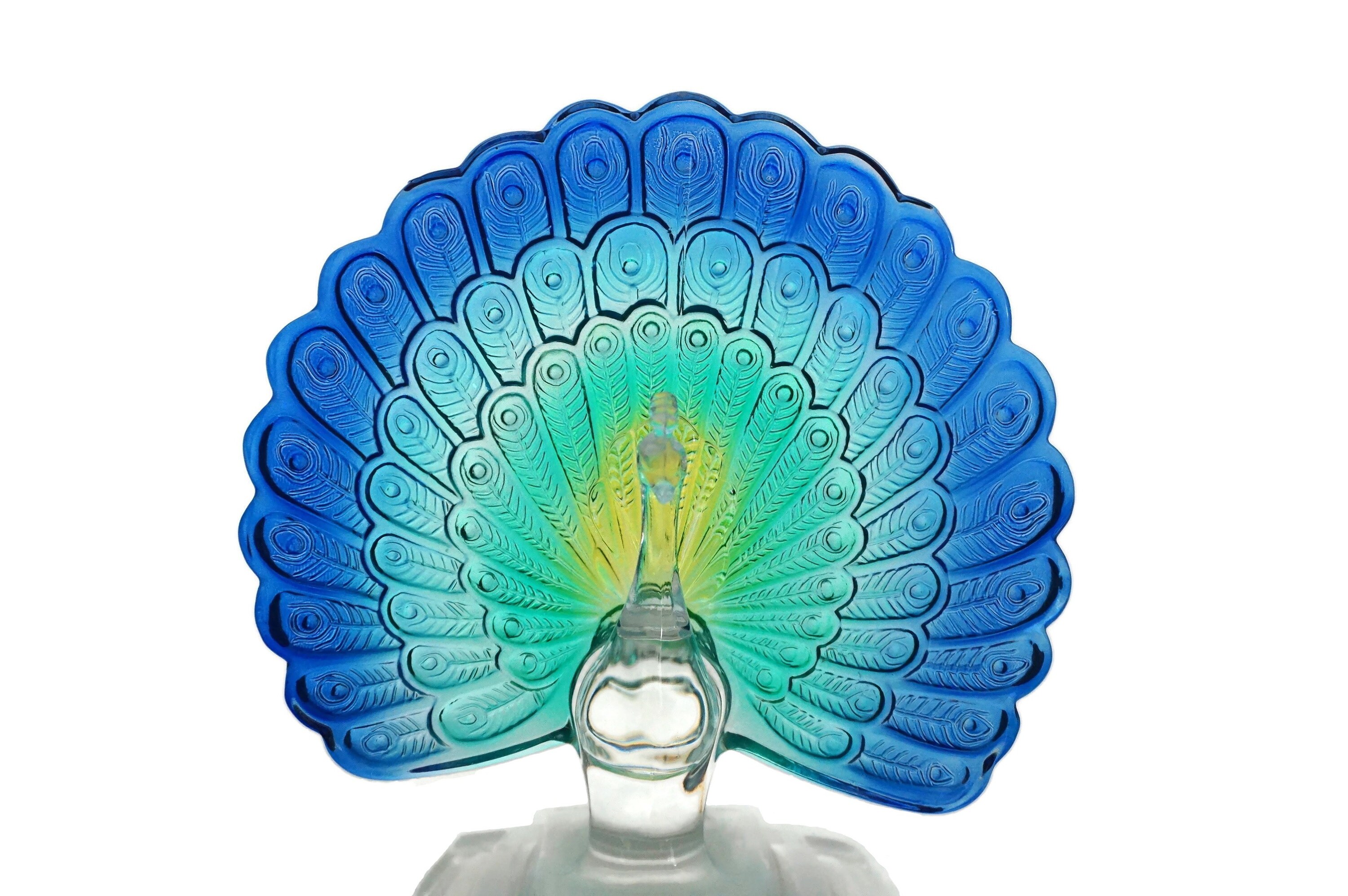 French Crystal Peacock Figurine by Cristal D'Arques, Blue Glass Bird Statue