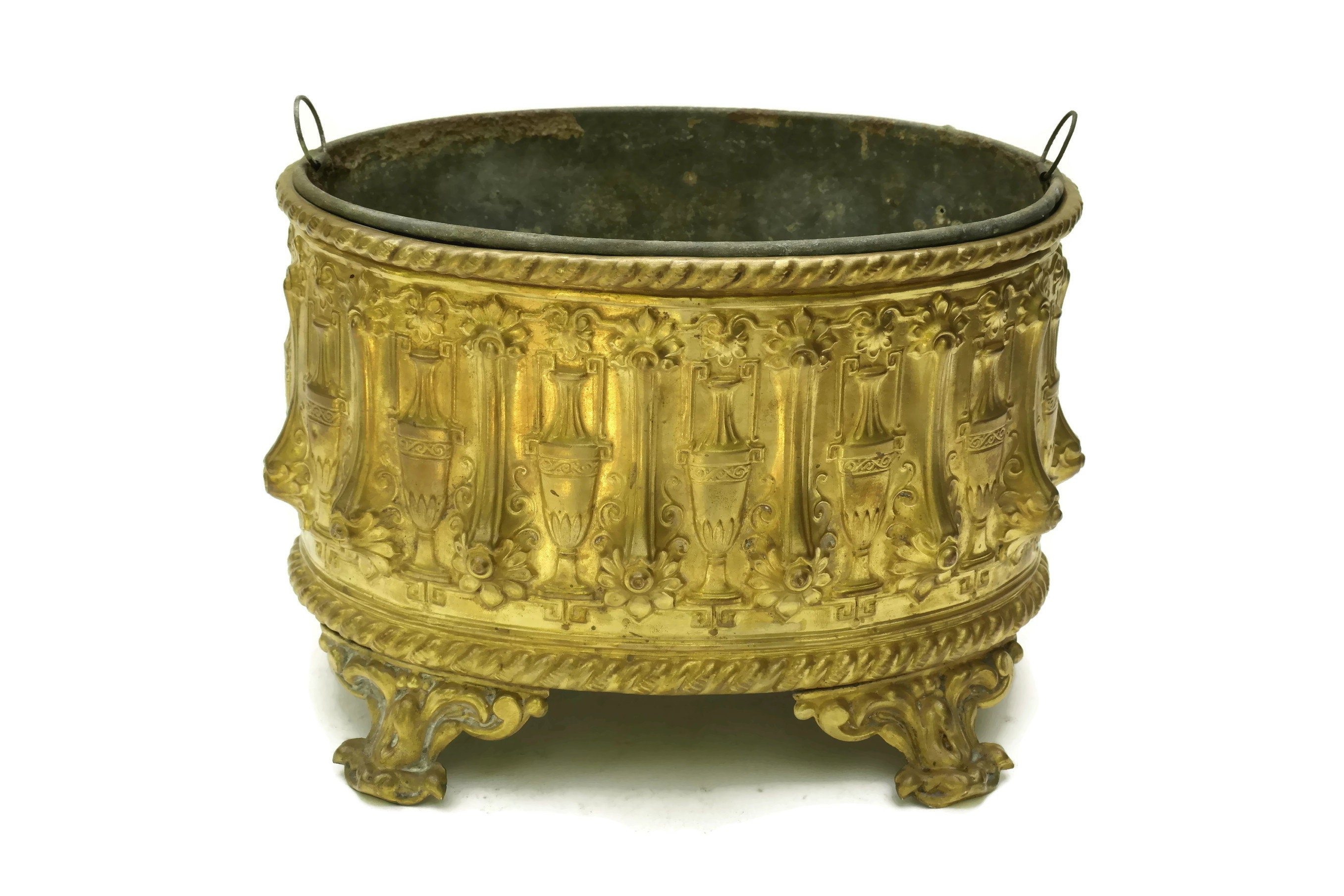 Antique Brass Planter. French Jardiniere with Repoussé Decoration
