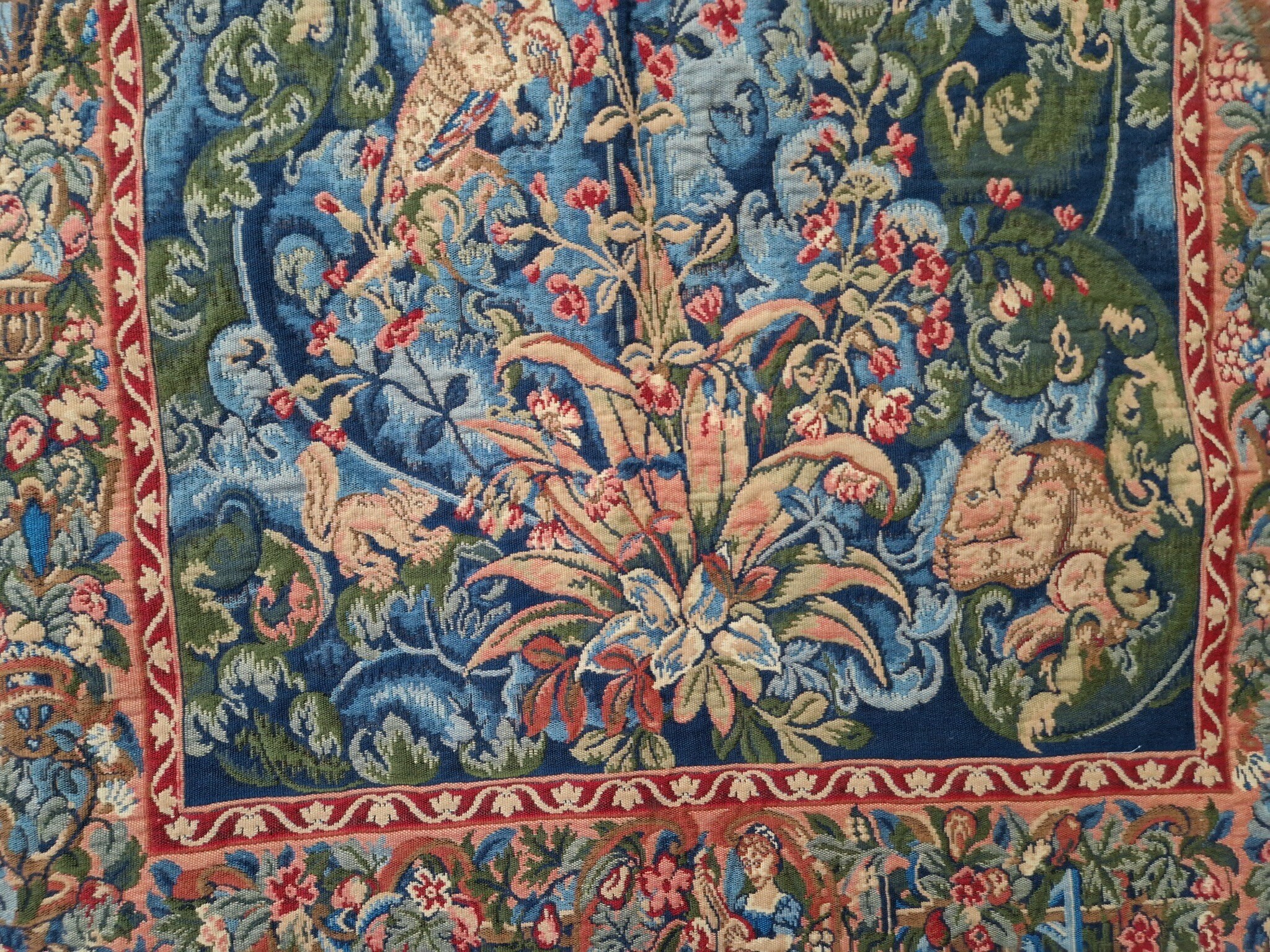 French Wall Hanging Tapestry Panel with Renaissance Birds, Musicians