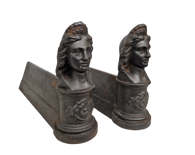 Cast Iron French Marianne Bust Andirons, Antique Woman Head Firedogs