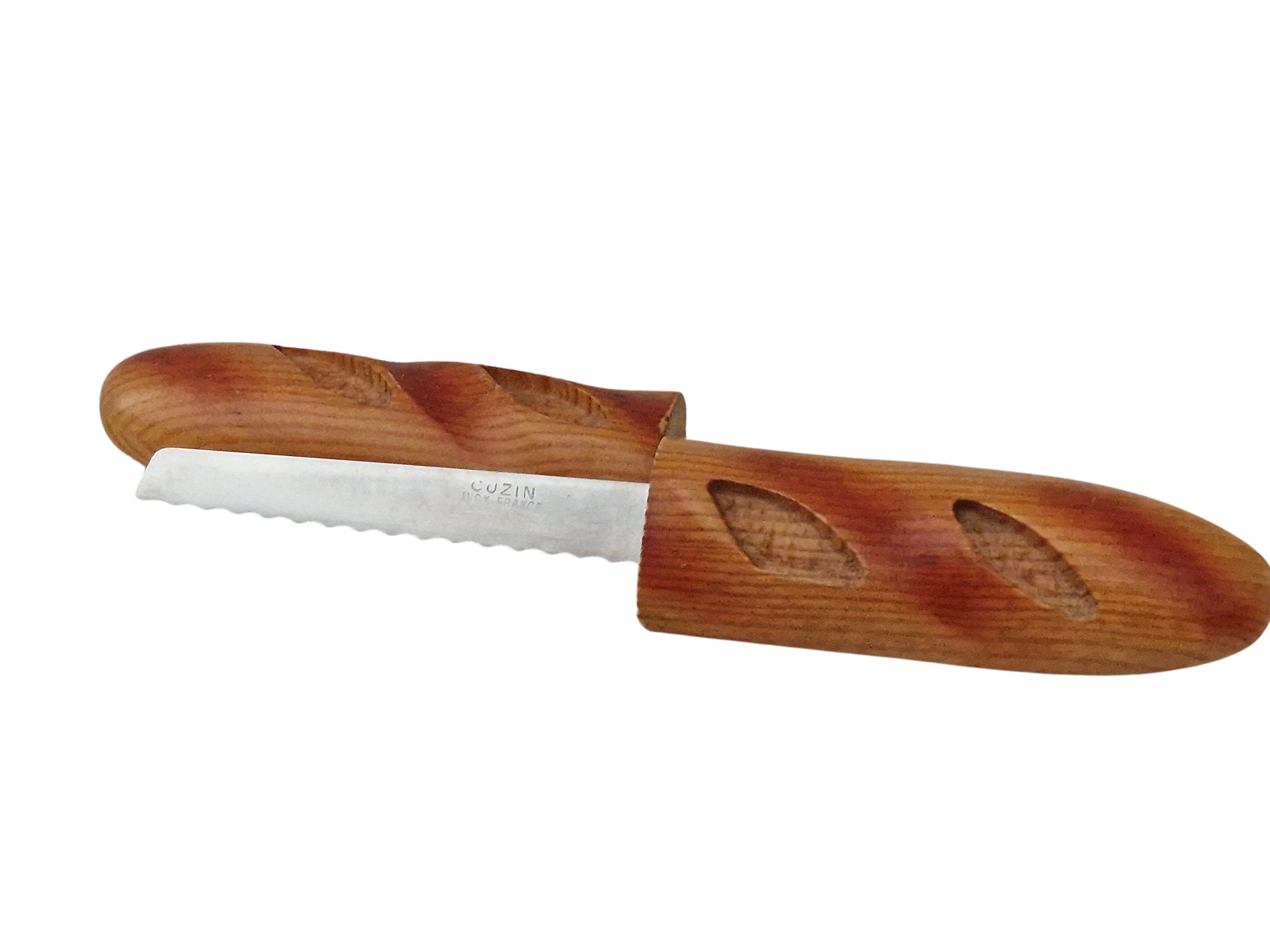 Small Wooden Bread Knife by Cuzin, Serrated Baguette Slicer and Cutter
