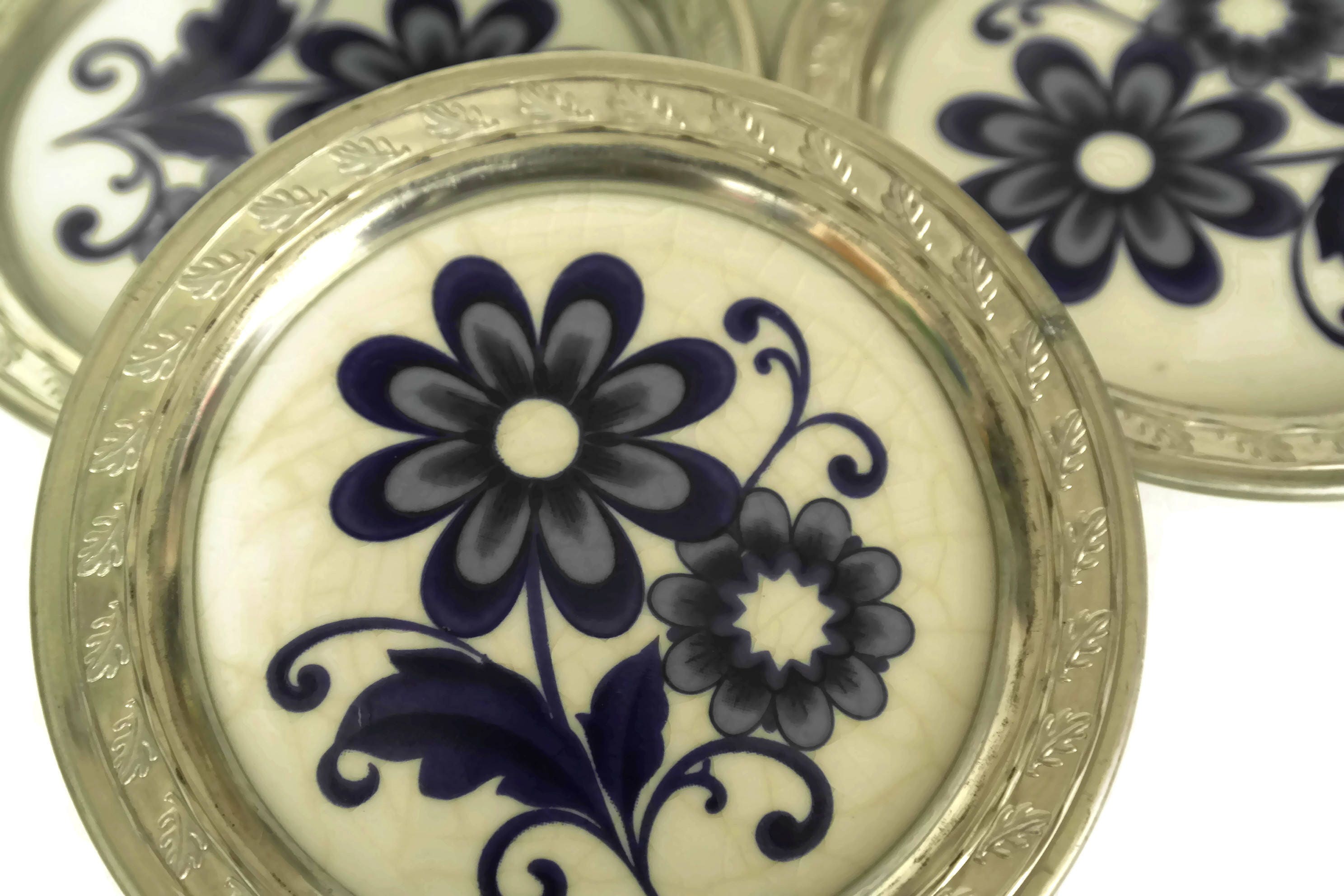 Cobalt Blue and White Porcelain Coasters, Set of 6 Ceramic Flower