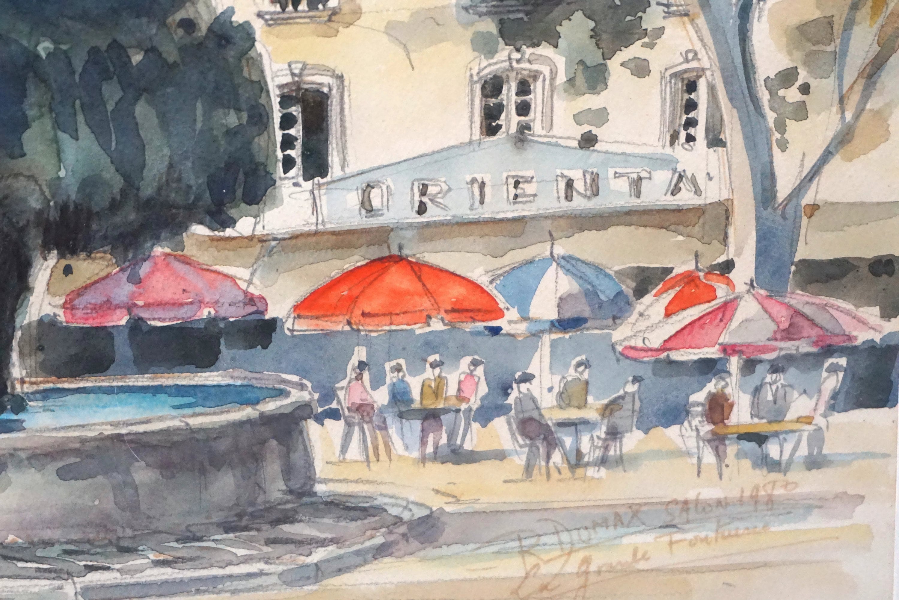 French Cafe and Fountain Watercolor, Framed and Signed Provence Art