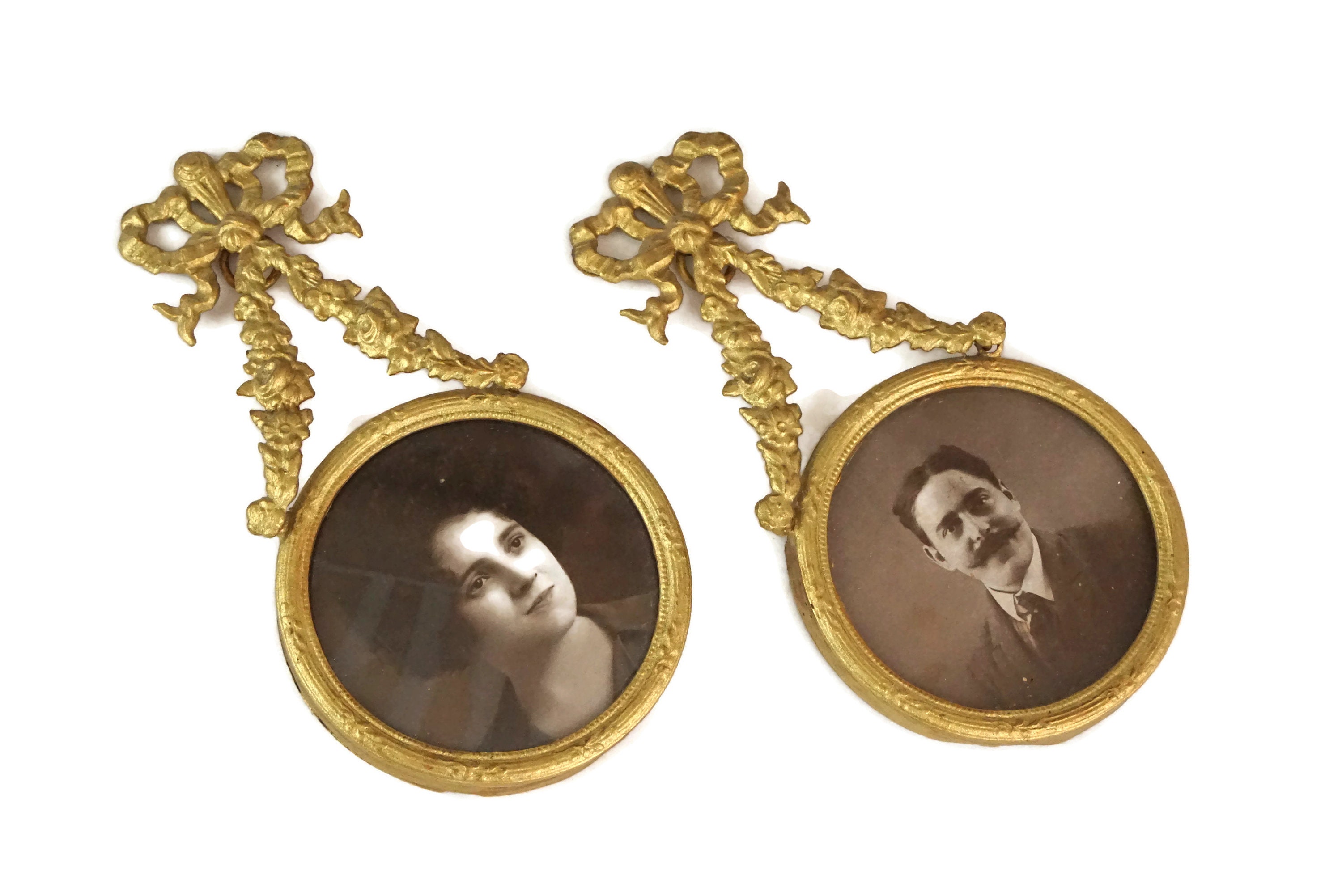 Antique French Miniature Photo Frames, Pair of Gilt Wall Hanging Medallions