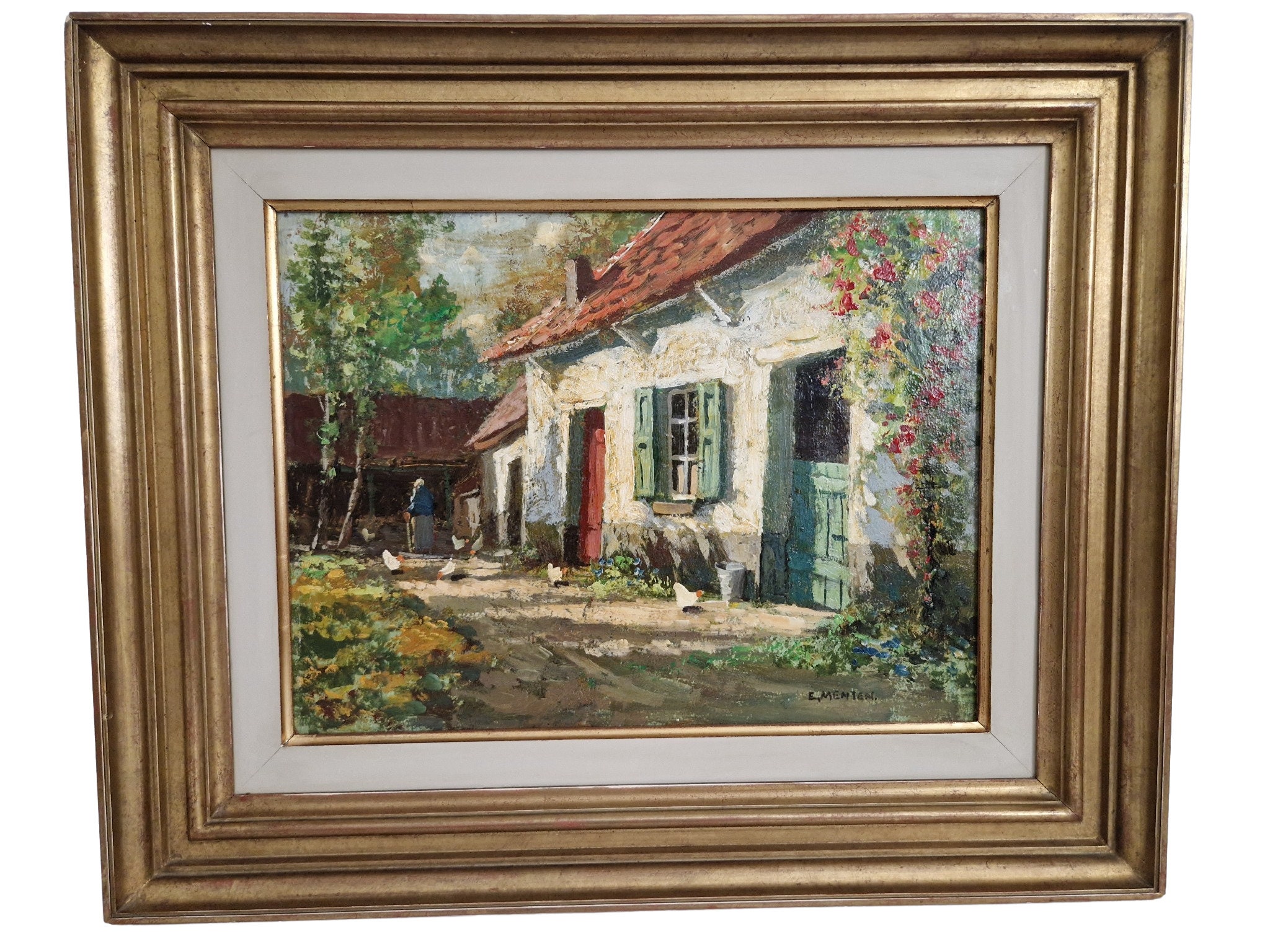 RESERVED for L. Country Farmhouse Oil Painting with Farmer's Wife and