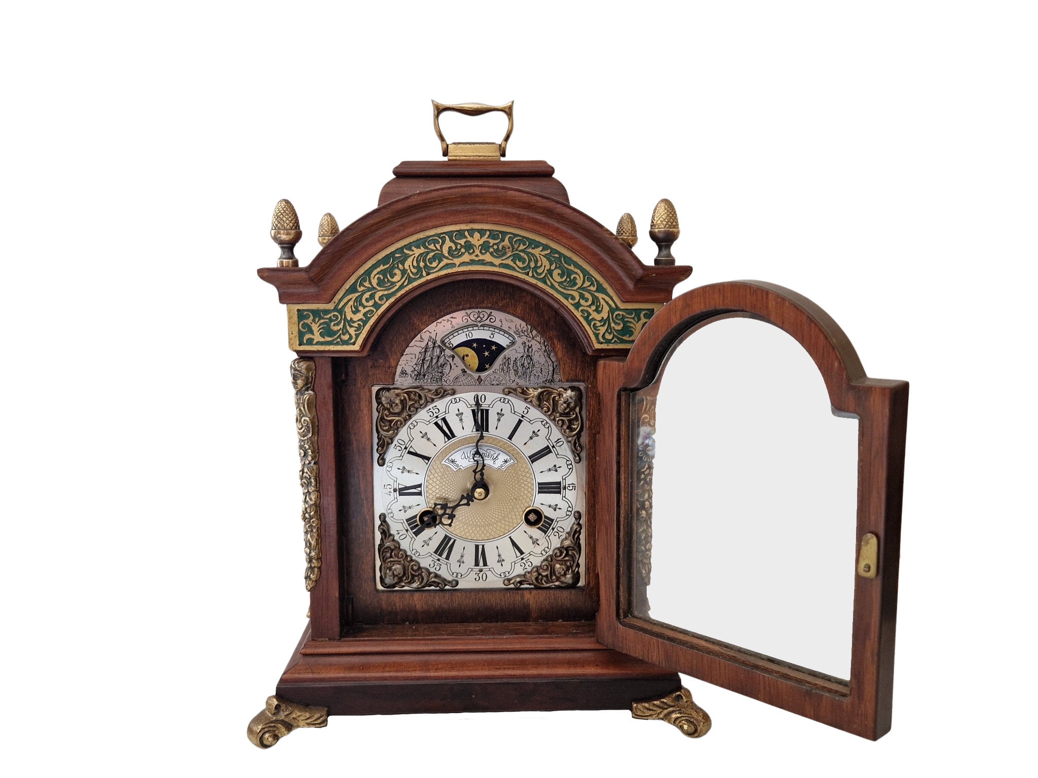 Dutch Wuba Warmink Mantel Clock with Chime and 8 Day Moon Phase, Wooden