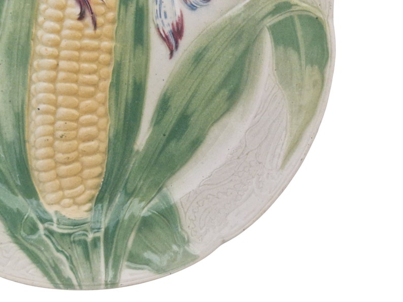 French Antique Majolica Plate with Corn Cob by Keller & Guerin St Clement, Ceramic Kitchen Wall Hanging Decor image 8
