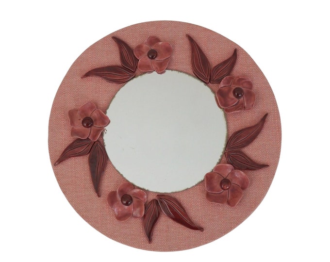 Mid Century Wall Mirror with Pink Ceramic Flowers, Vintage French Boho Home Decor