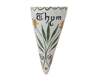 French Ceramic Thyme Pocket Vase with Folk Art Floral Motif, Wall Hanging Pottery Horn