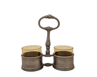 French Pewter Salt and Pepper Cellar Set with Brown Glass Bowls, Condiment Cruet Set with Cradle