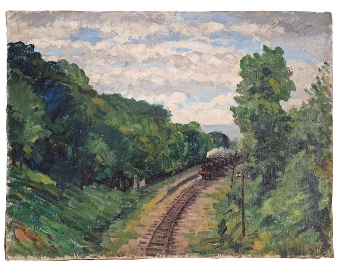 Charles Forget Steam Locomotive Train Oil Painting, Original 1950s Railroad Wall Art