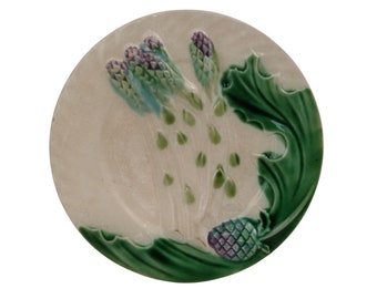 French Majolica Asparagus and Artichoke Plate by Salins, Antique Pottery Vegetable Dish