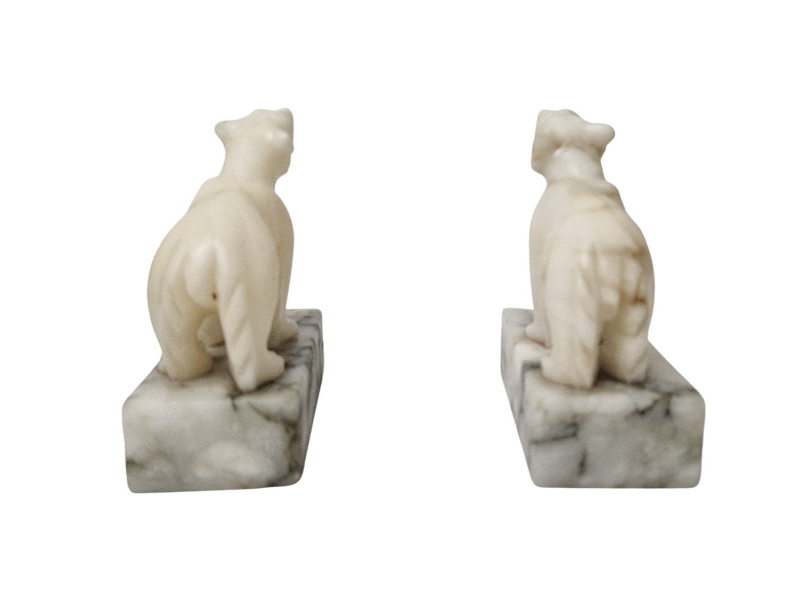 Art Deco Marble Polar Bear Figurines, Set of 2, Carved Stone Animal