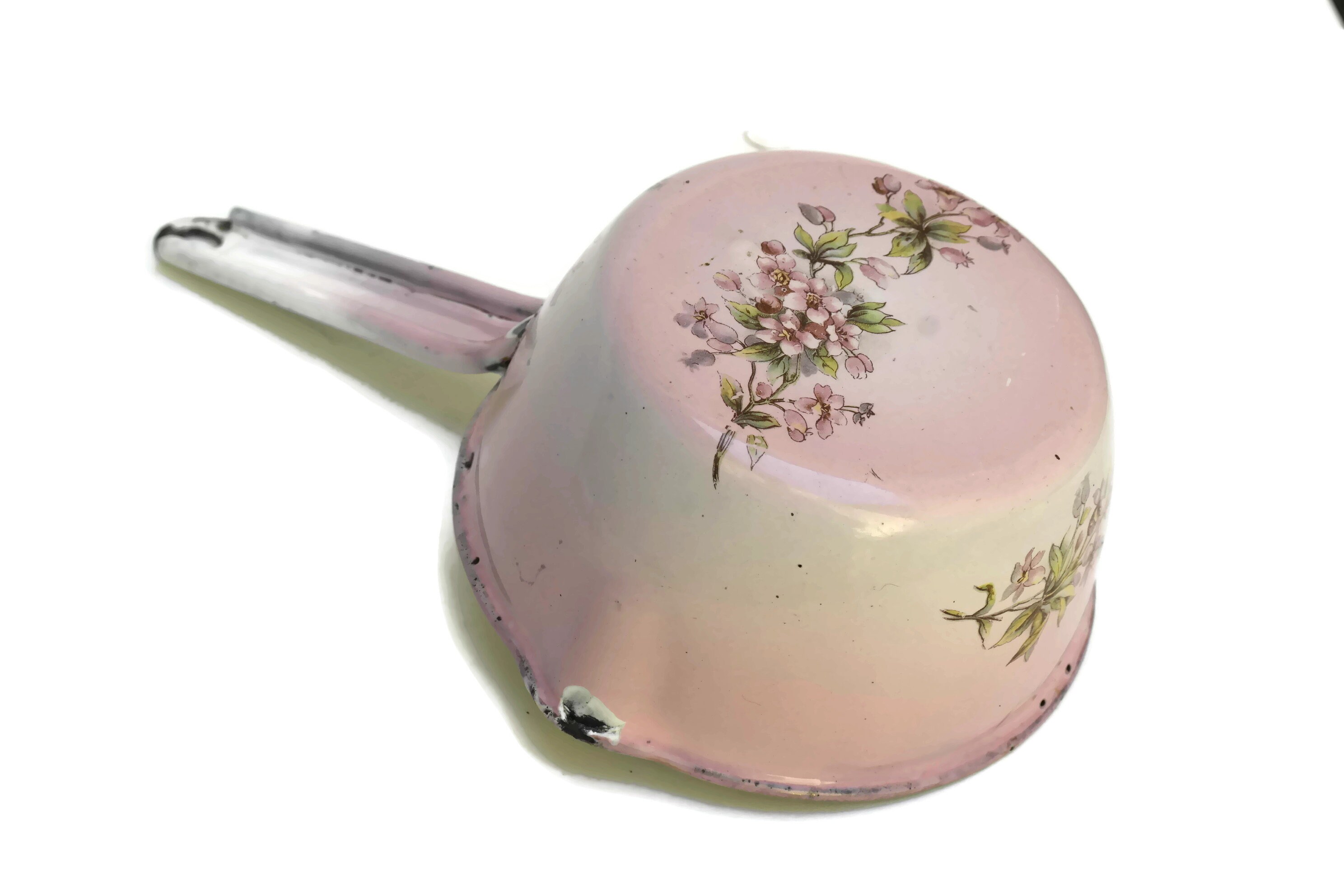 Shabby French Enamel Saucepan Set. Antique Pink Flower Enamelware Pans