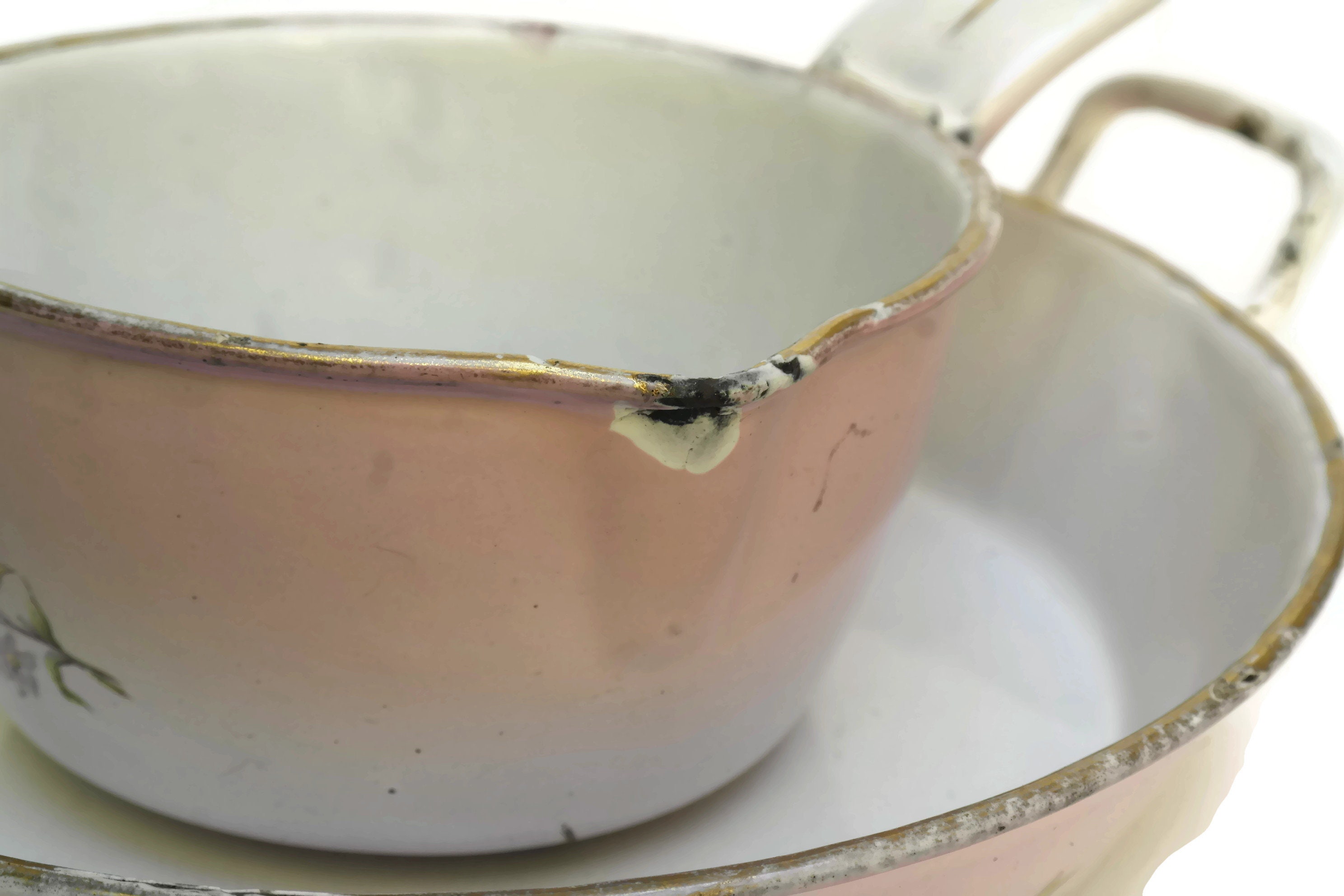 Shabby French Enamel Saucepan Set. Antique Pink Flower Enamelware Pans