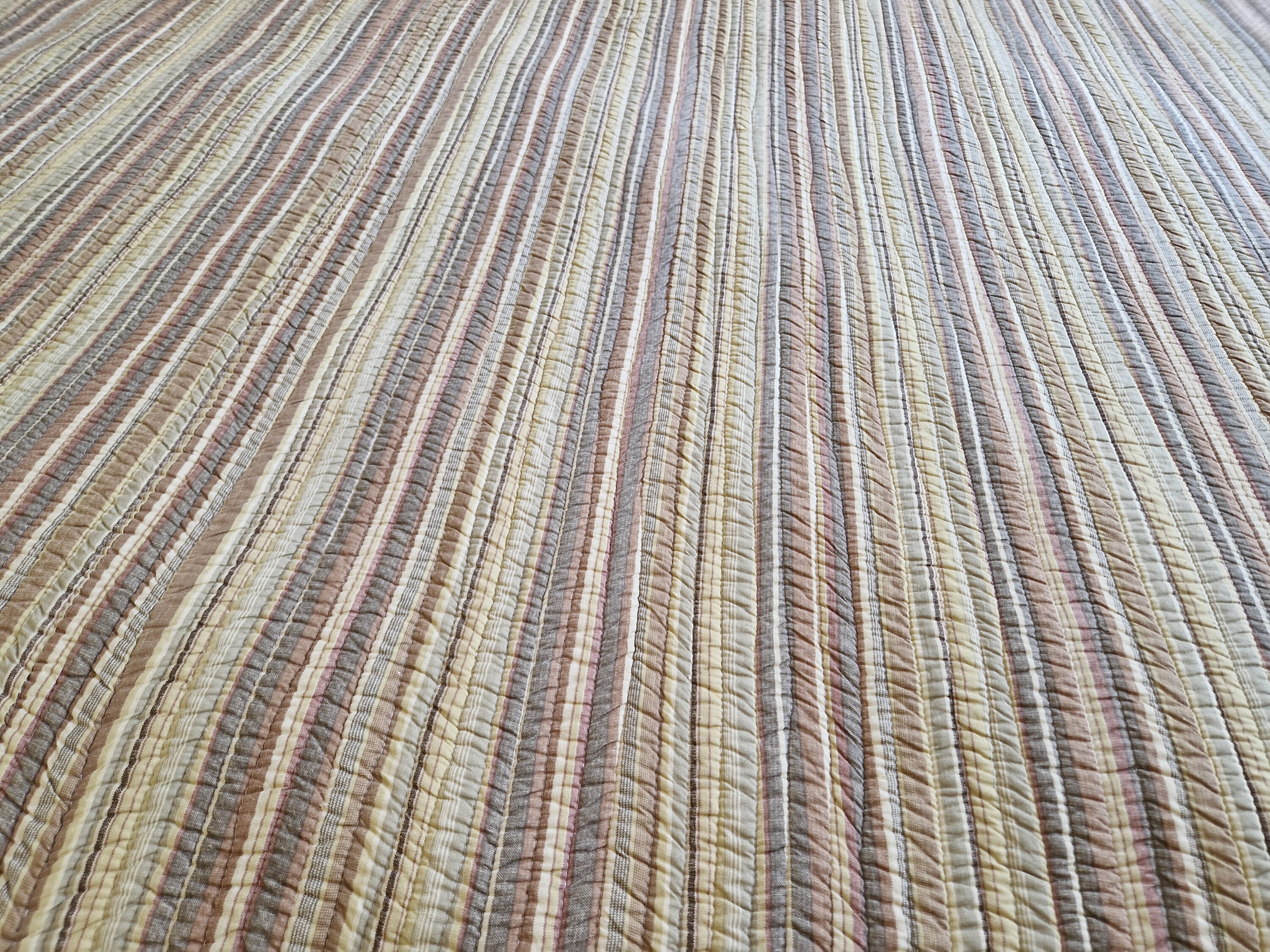 Vintage French Quilt with Rose and Stripe Printed Cotton, Shabby French