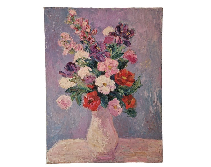 Rose and Iris Flower Bouquet Still Life Oil Painting, 1960s Mid Century French Original Floral Wall Art