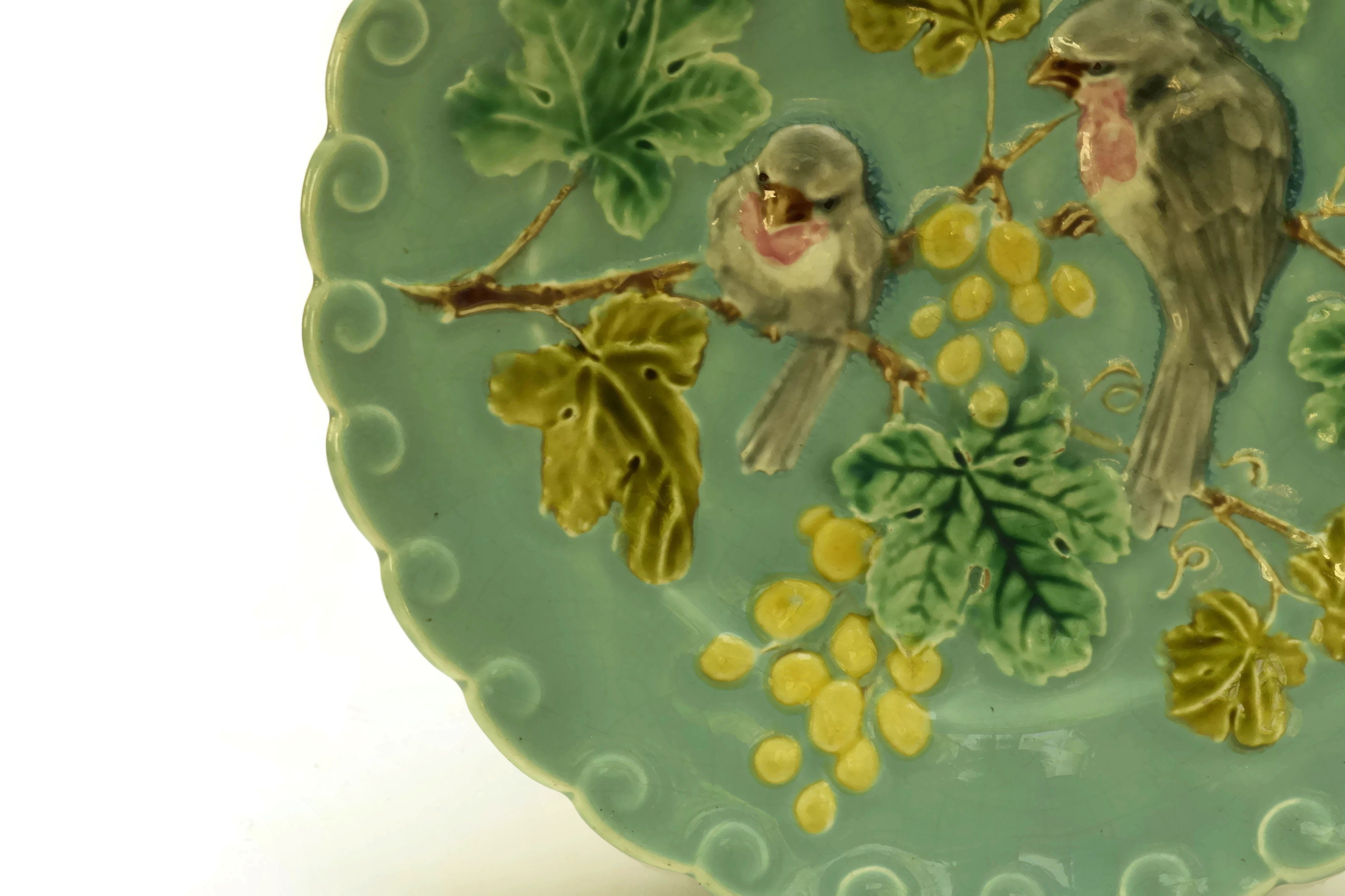 French Blue Majolica Bird Plate with Grapes. Antique Sarreguemines