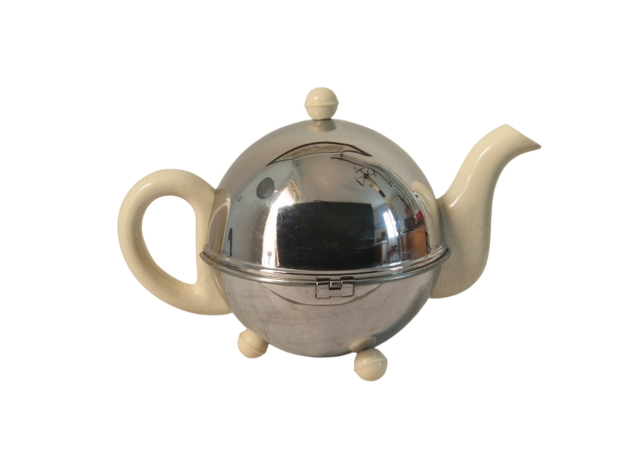 Art Deco Ball Thermal Teapot, Bauscher D.R.P. With Chrome Thermal Cover,  1930s, Pre-war Version Metal, Bauhaus, Felt Insulation, Vintage 