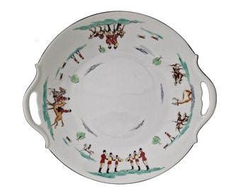 French Limoges Chantilly Porcelain Cake Plate, Hand Painted Hunting Scene with Horses, Hound Dogs and Deer