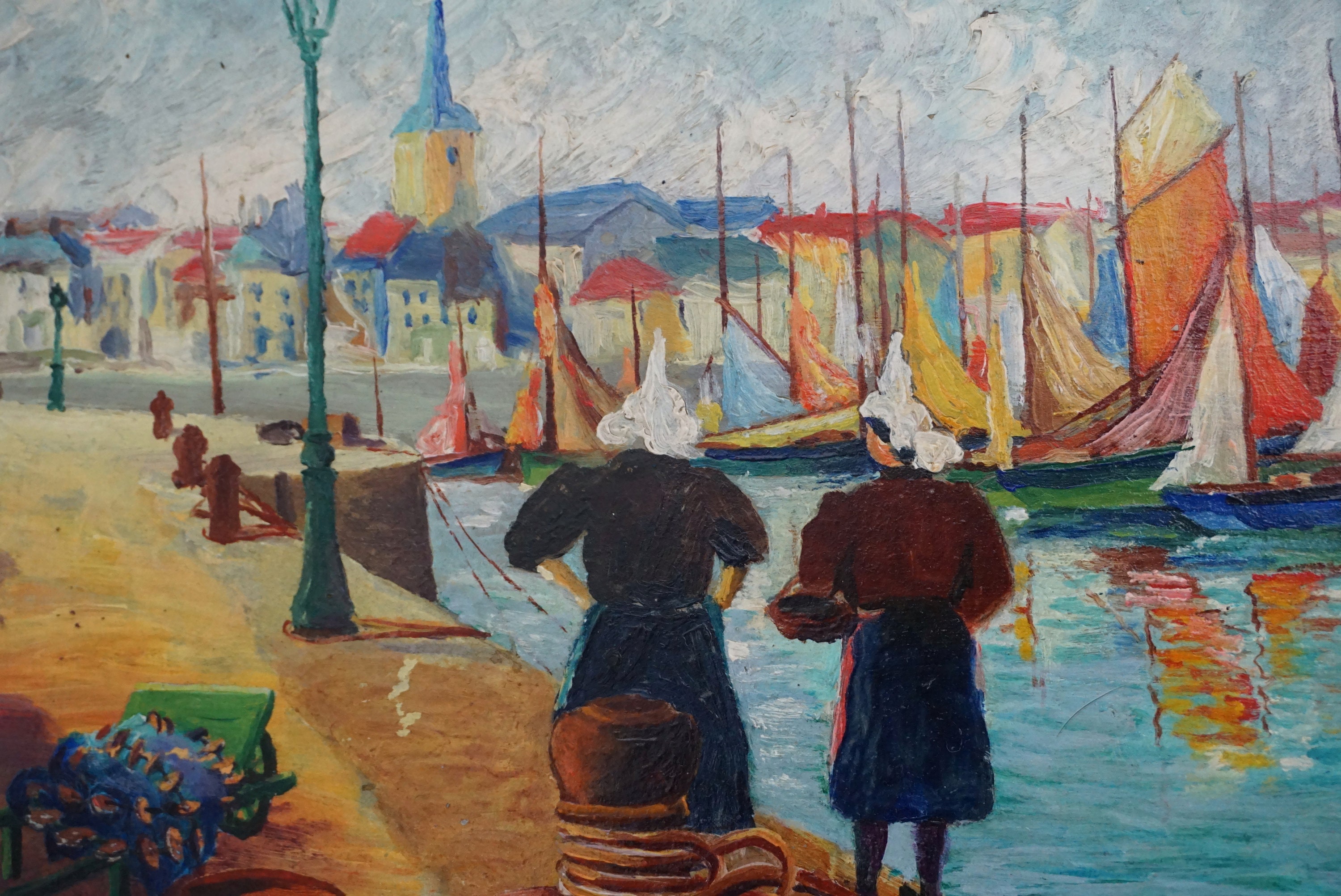 French Fishing Village and Boat Painting, Breton Coastal Decor Sea Art