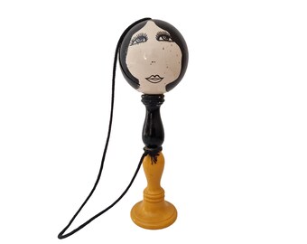 French Bilboquet Toy with Flapper Lady Face, Vintage Wooden Cup and Ball Game