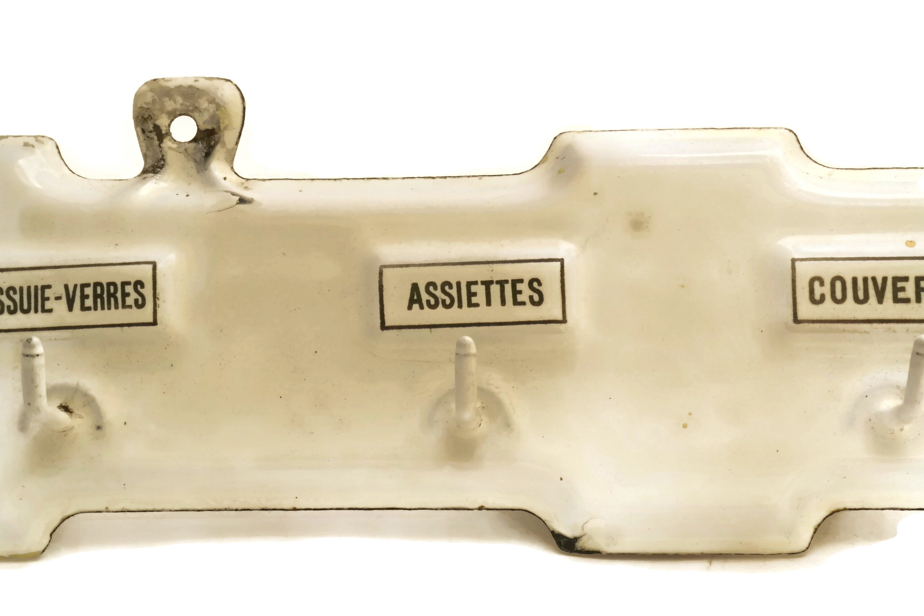 French Vintage Tea Towel Holder. Art Deco Dish Cloth Hooks. White