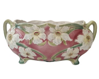 French Art Nouveau Majolica Planter with White Daffodils by St Clement, Antique Ceramic Flower Vase Jardiniere