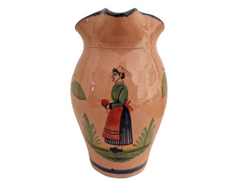 French Quimper Faience Milk Pitcher with Hand Painted Breton Woman, Pink Ceramic Jug