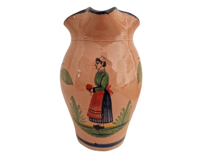 French Quimper Faience Milk Pitcher with Hand Painted Breton Woman, Pink Ceramic Jug