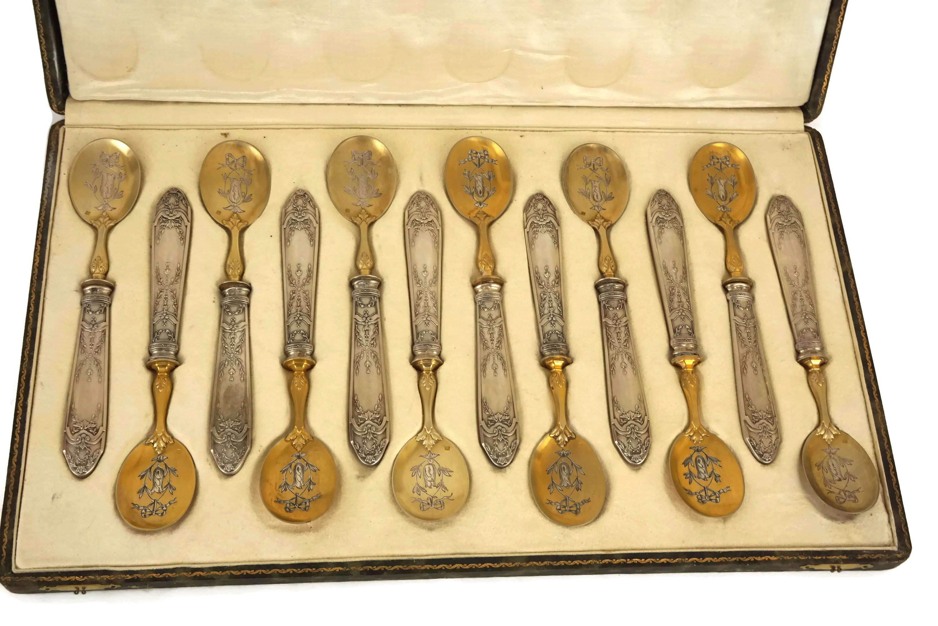 French Antique Silver Dessert Spoon Set of 12, Vermeil and Sterling