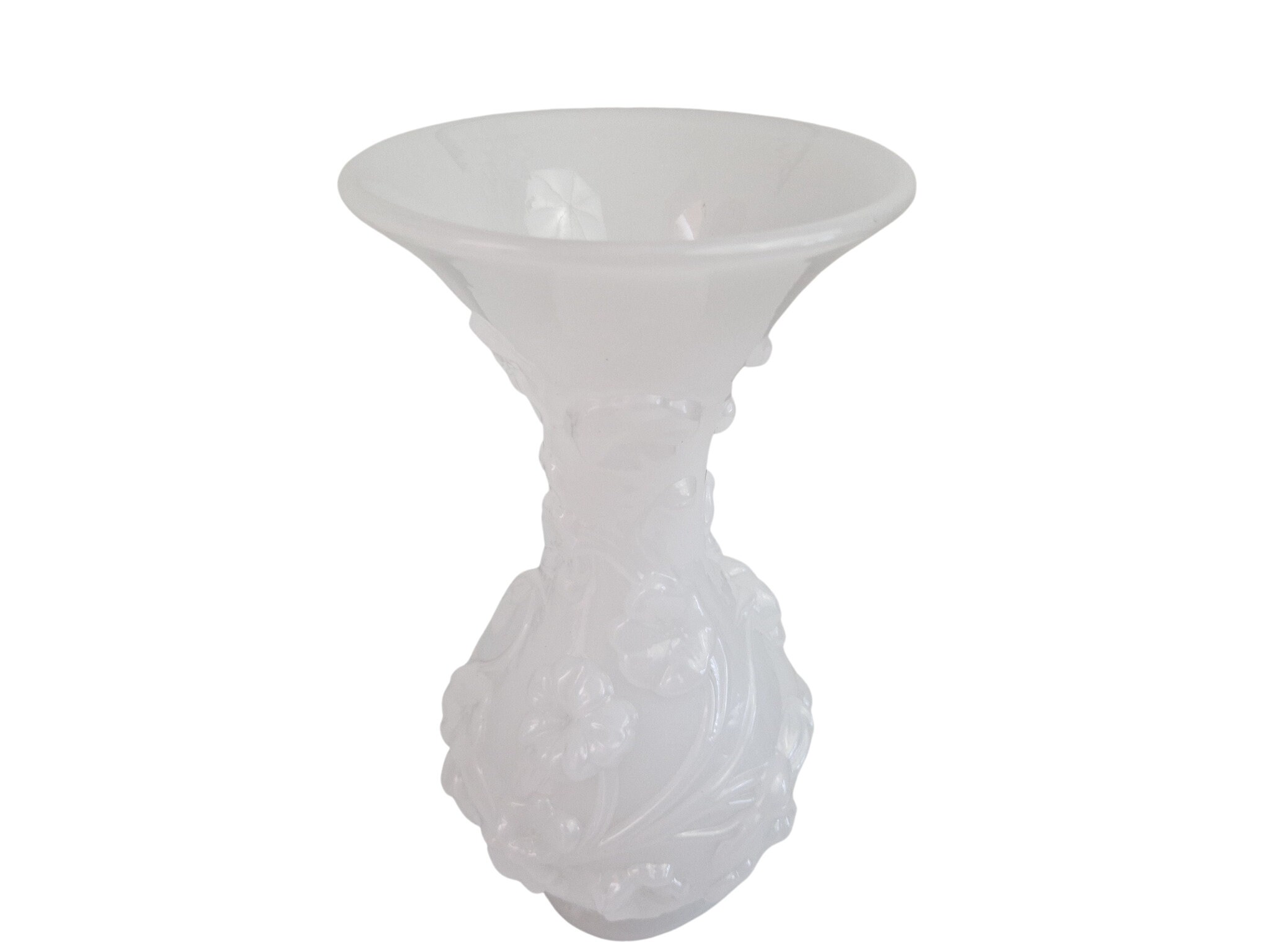 Art Deco Milkglass Vase with Relief Flowers, Antique French Opaline Glass