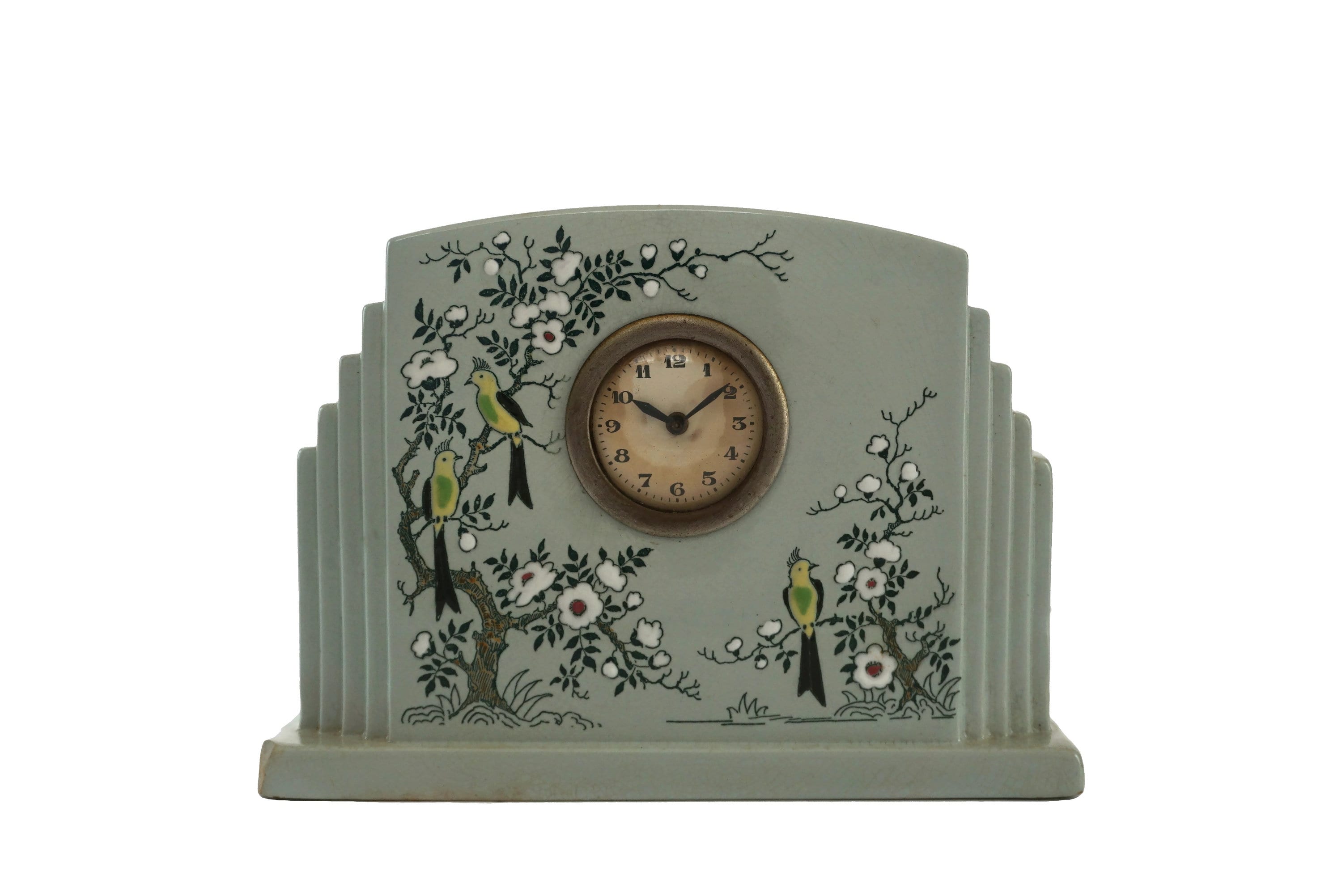 RESERVE pour Sandrine. Art Deco Ceramic Mantel Clock with Parrots by