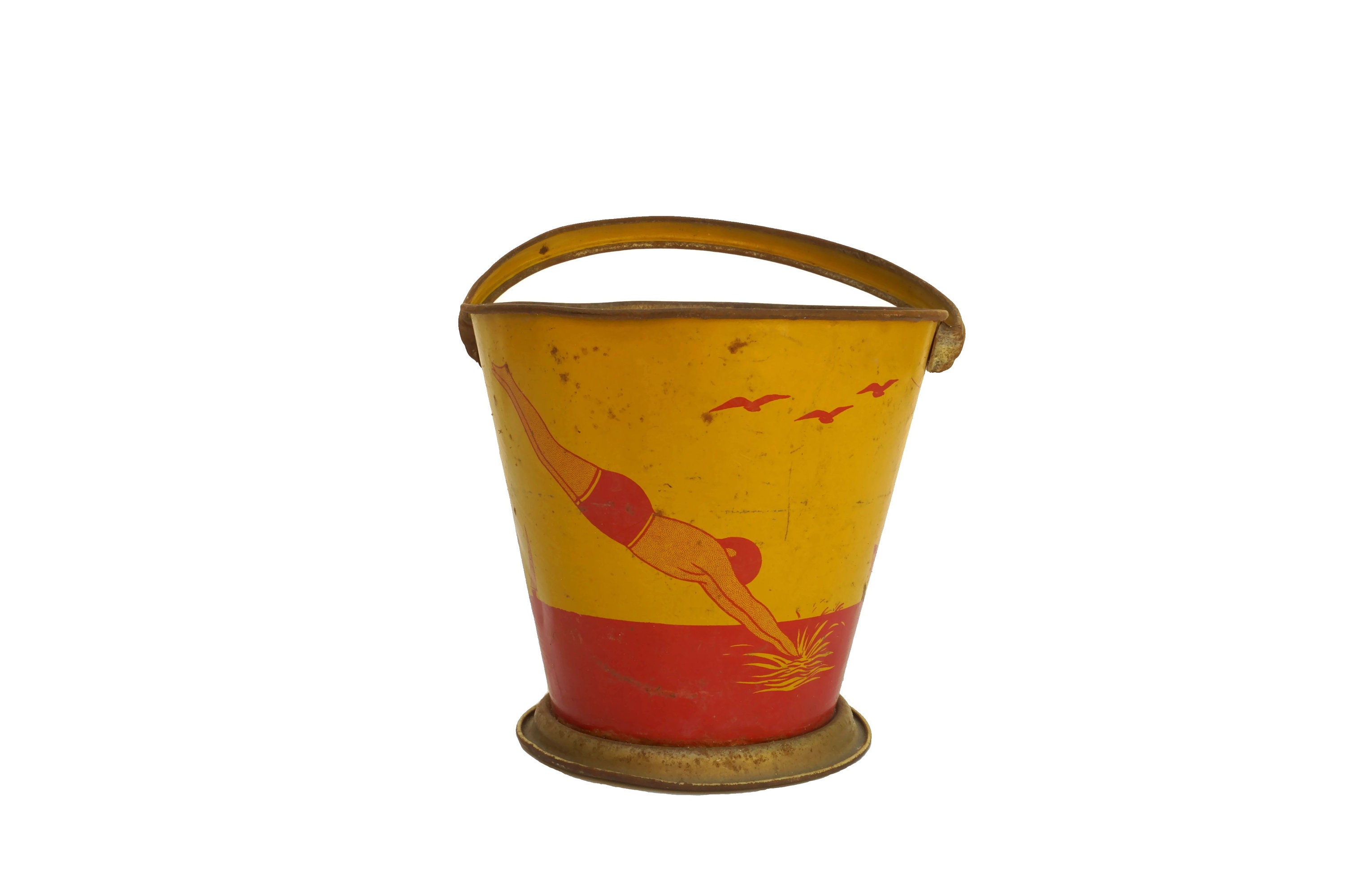 Antique Tin Beach Bucket Set, French Tole Sand Pail Sand Box Toys