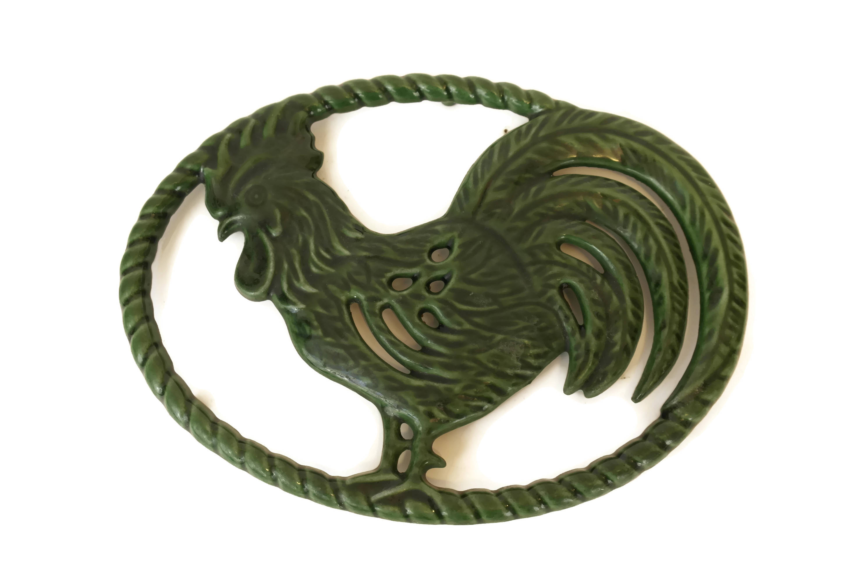 French Enamel Rooster Trivet. Vintage Pot Rest. Country Cottage Green