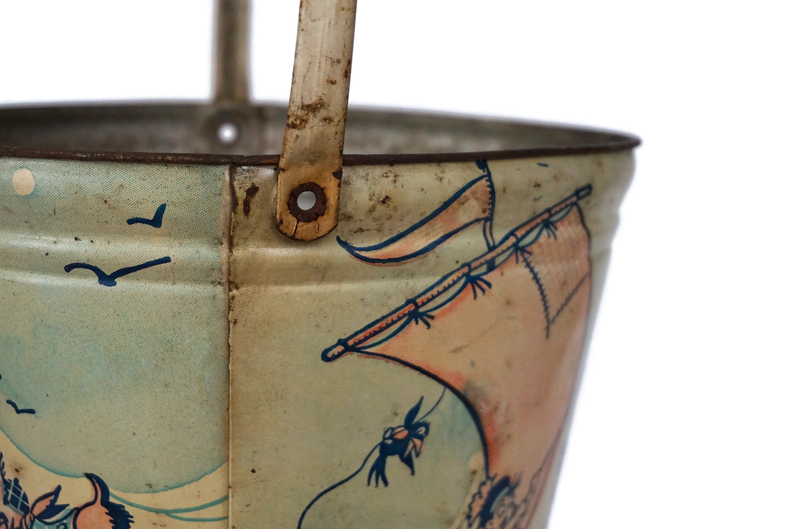 Antique Tin Beach Bucket, French Tole Sand Box Toy Pail