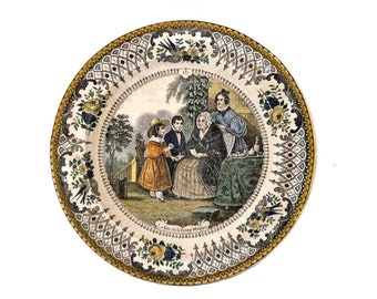 Antique French Transferware Plate with Victorian Grandmother, Gift for Grandma