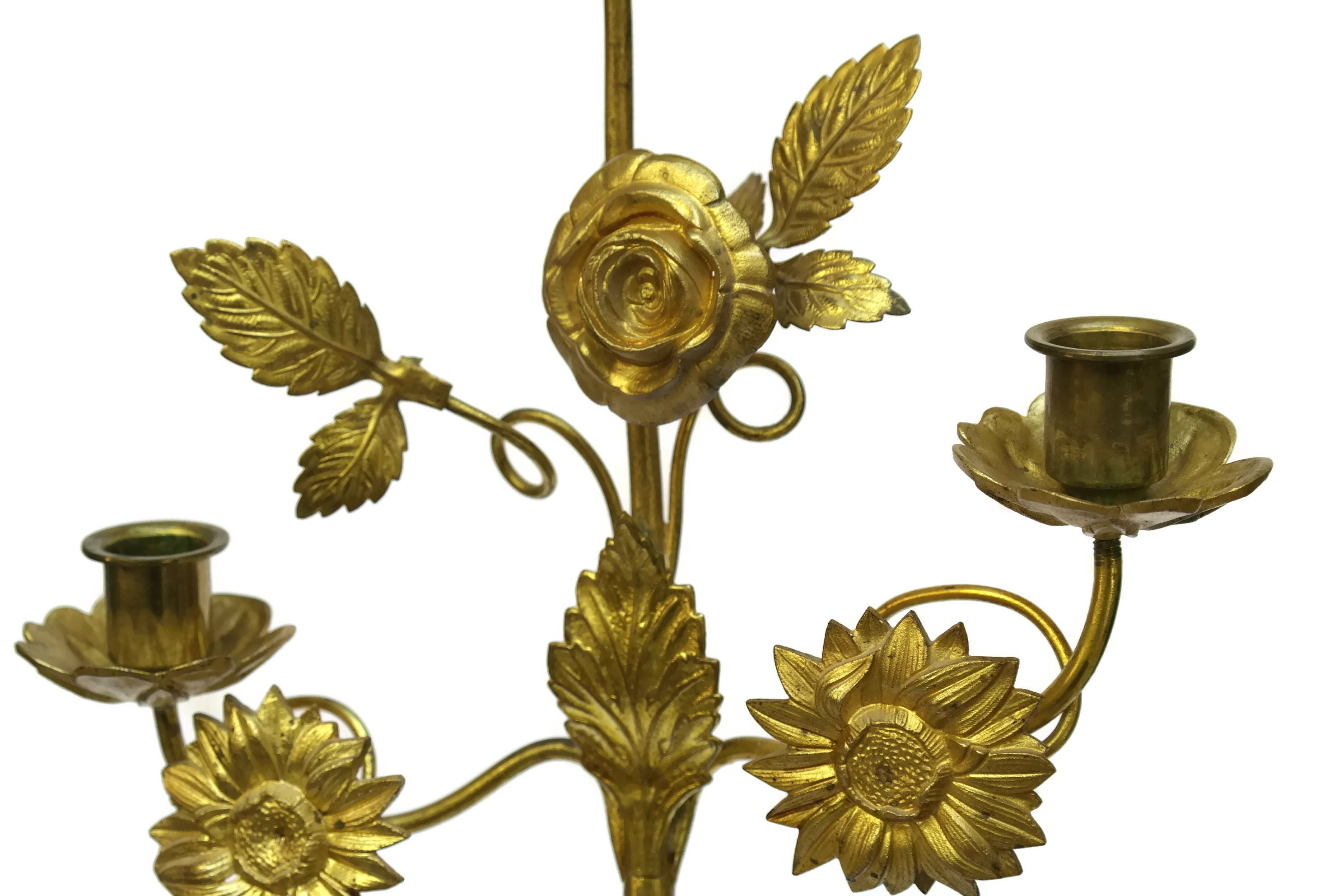 French Antique Church Altar Candelabra with Flowers.