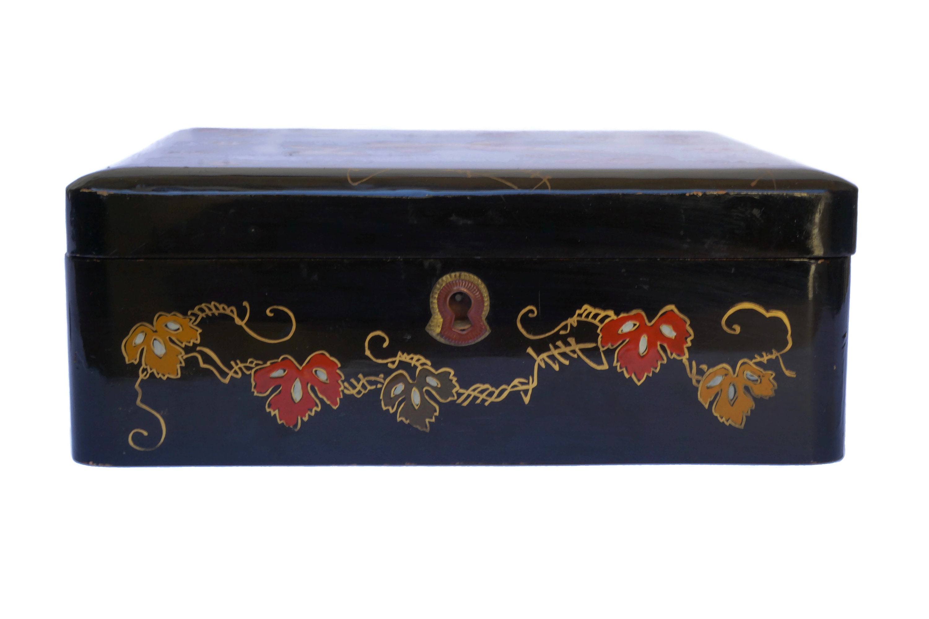 Japanese Lacquer Box with Gold Birds and Leaves, Asian Lacquerware