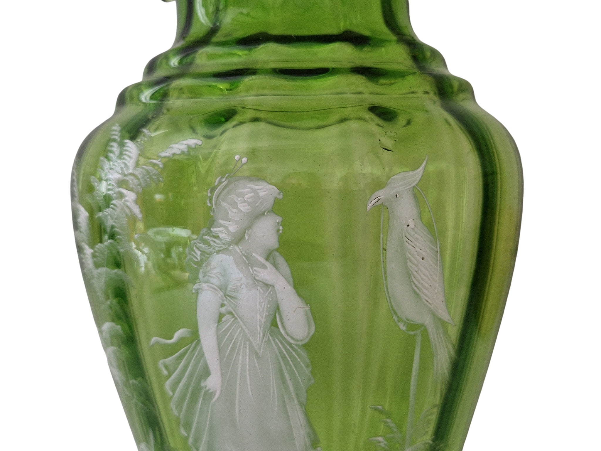 Antique Mary Gregory Green Glass Vase with Girl and Parrot Hand Painted