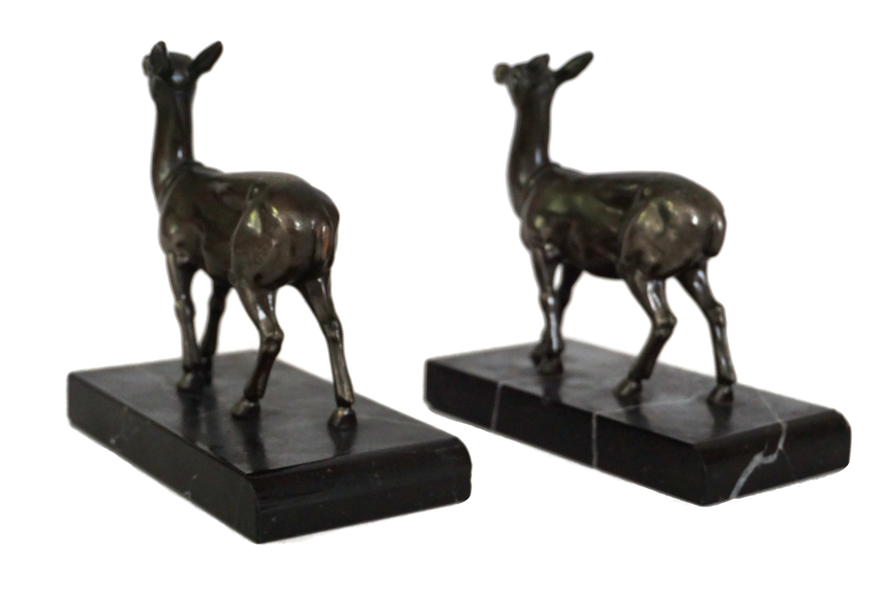 Art Deco Deer Figurine Bookends, Pair of French Marble and Woodland