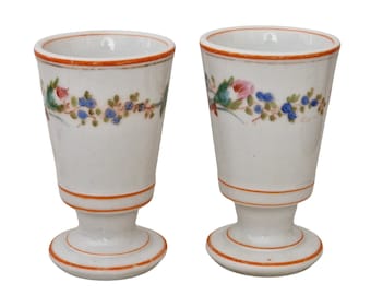 French Porcelain Mazagran Brulot Coffee Cups, A Pair, Antique Paris Cafe Footed Goblets