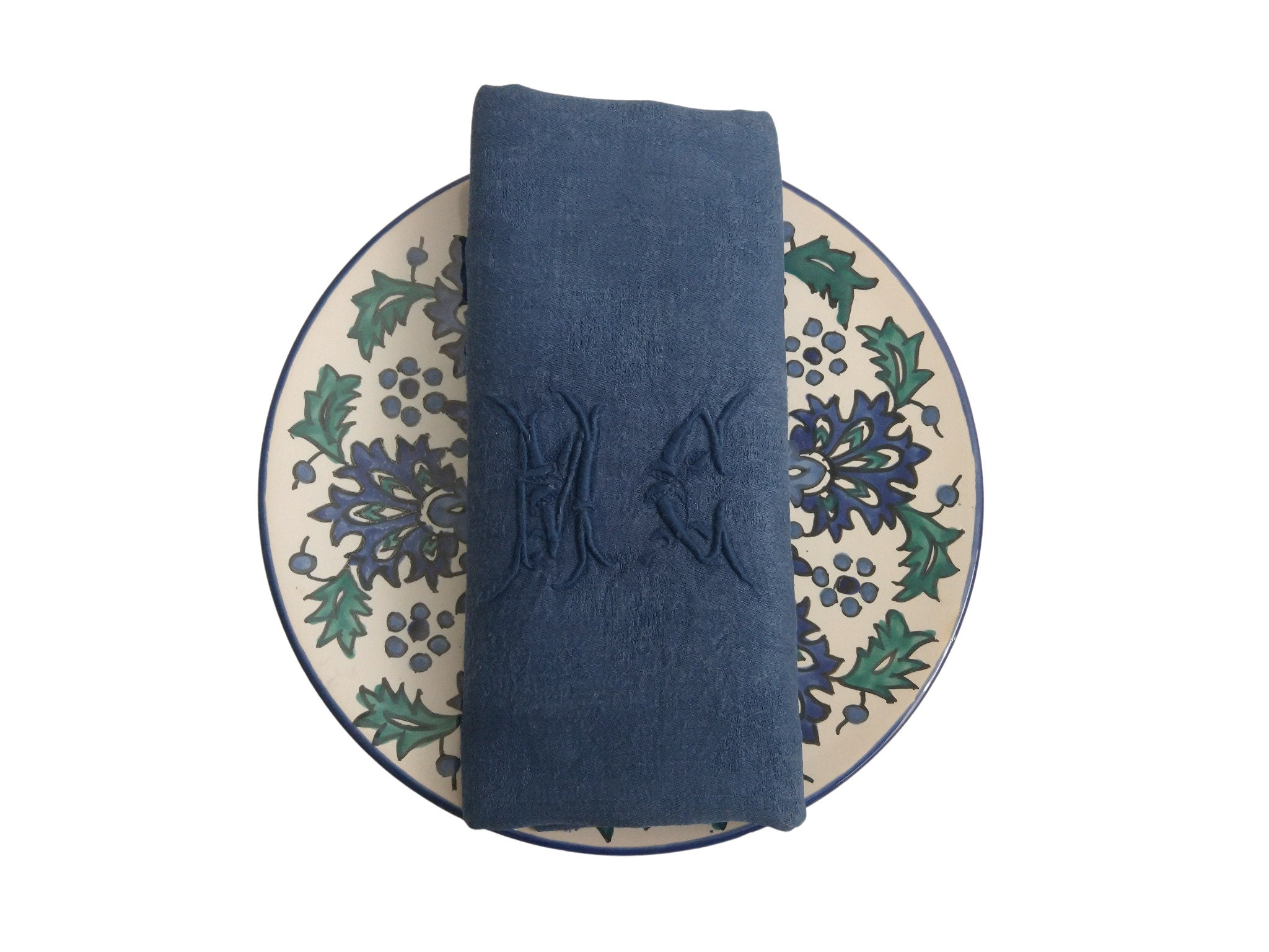 Antique French Linen Napkins, Set of 9, Dark Blue Monogram Serviettes
