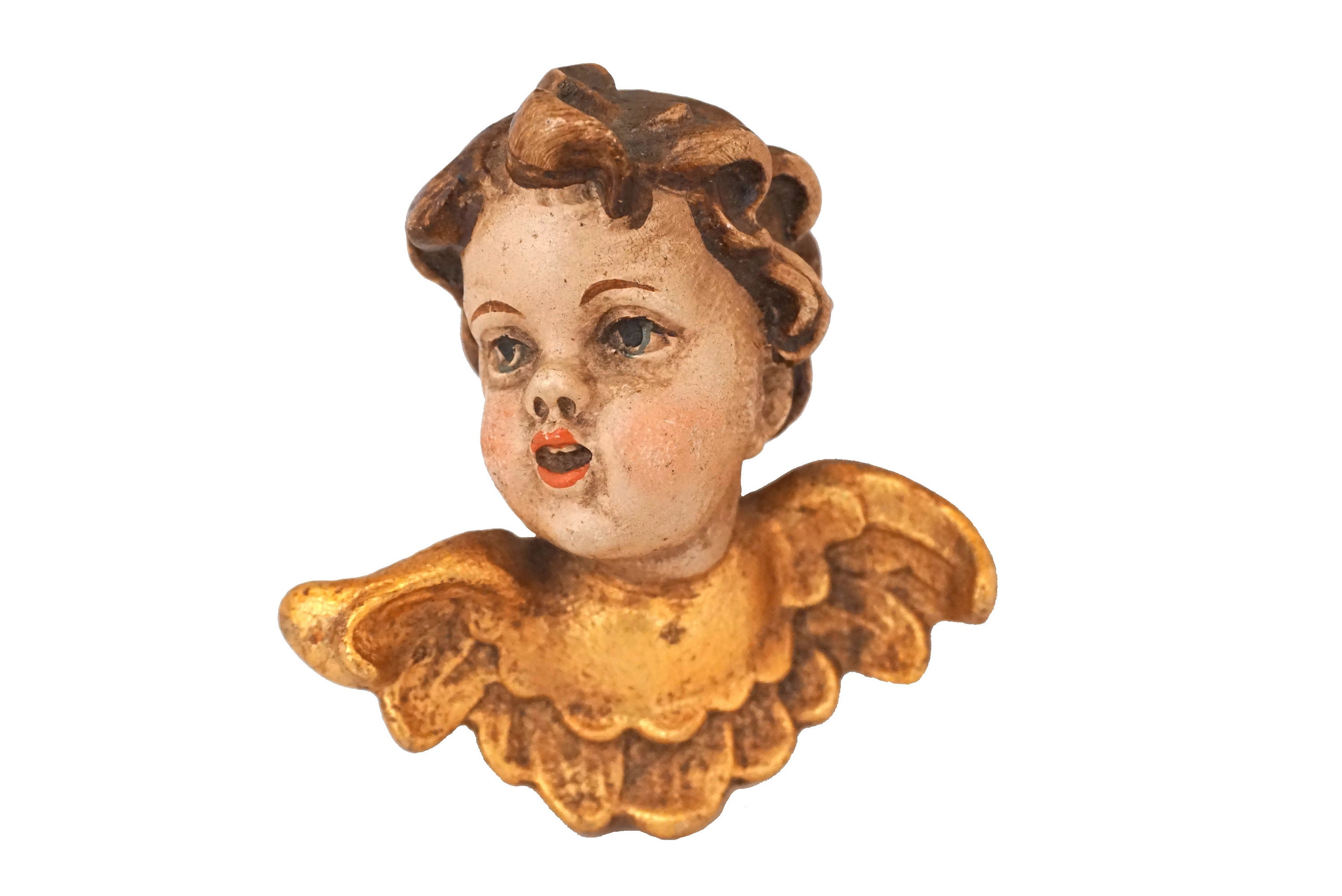 Hand Carved Cherub Putti Head Figurines, German Wooden
