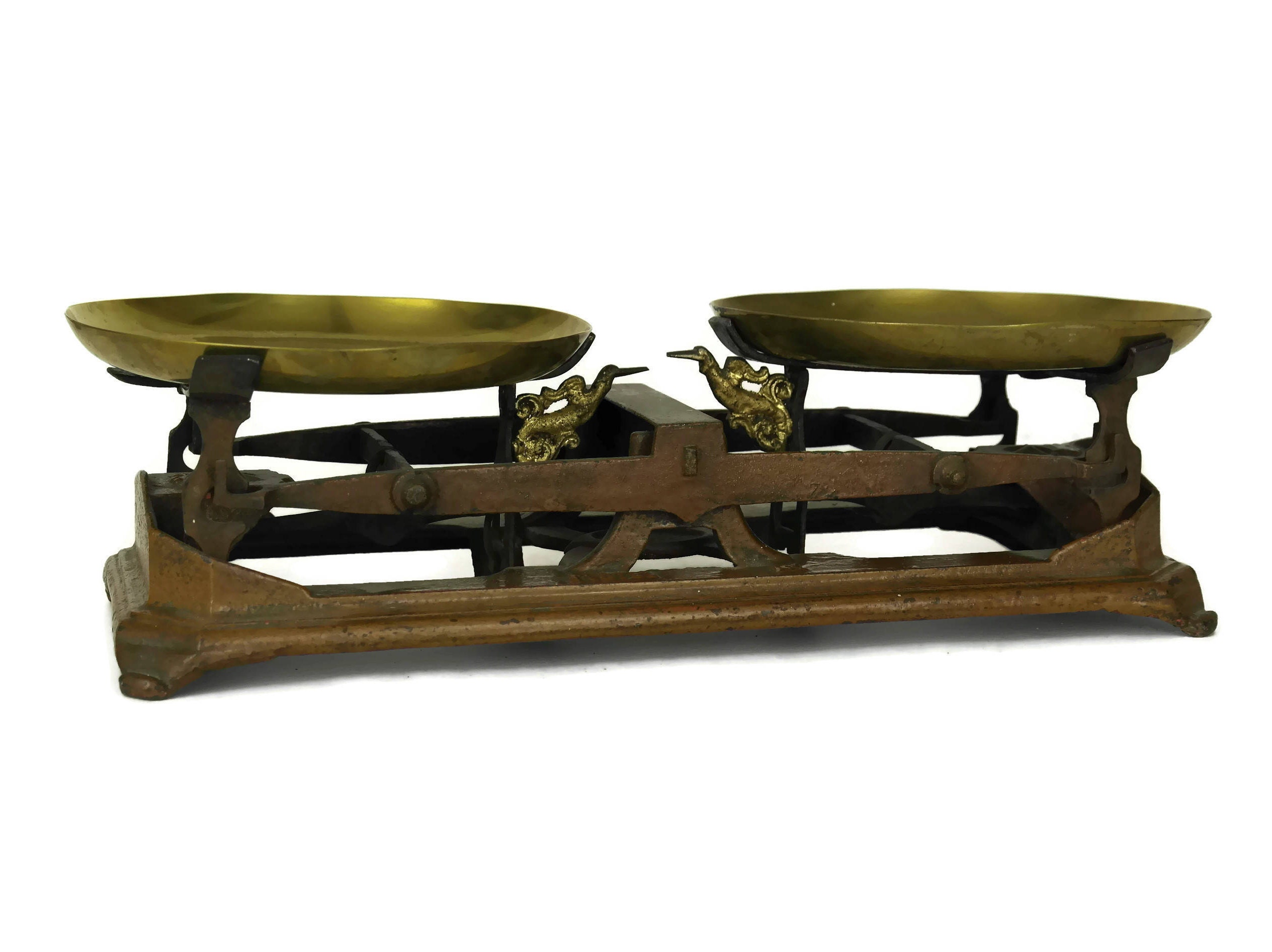 Antique Cast Iron Scales with Brass Pans. French Market Scale Balance.