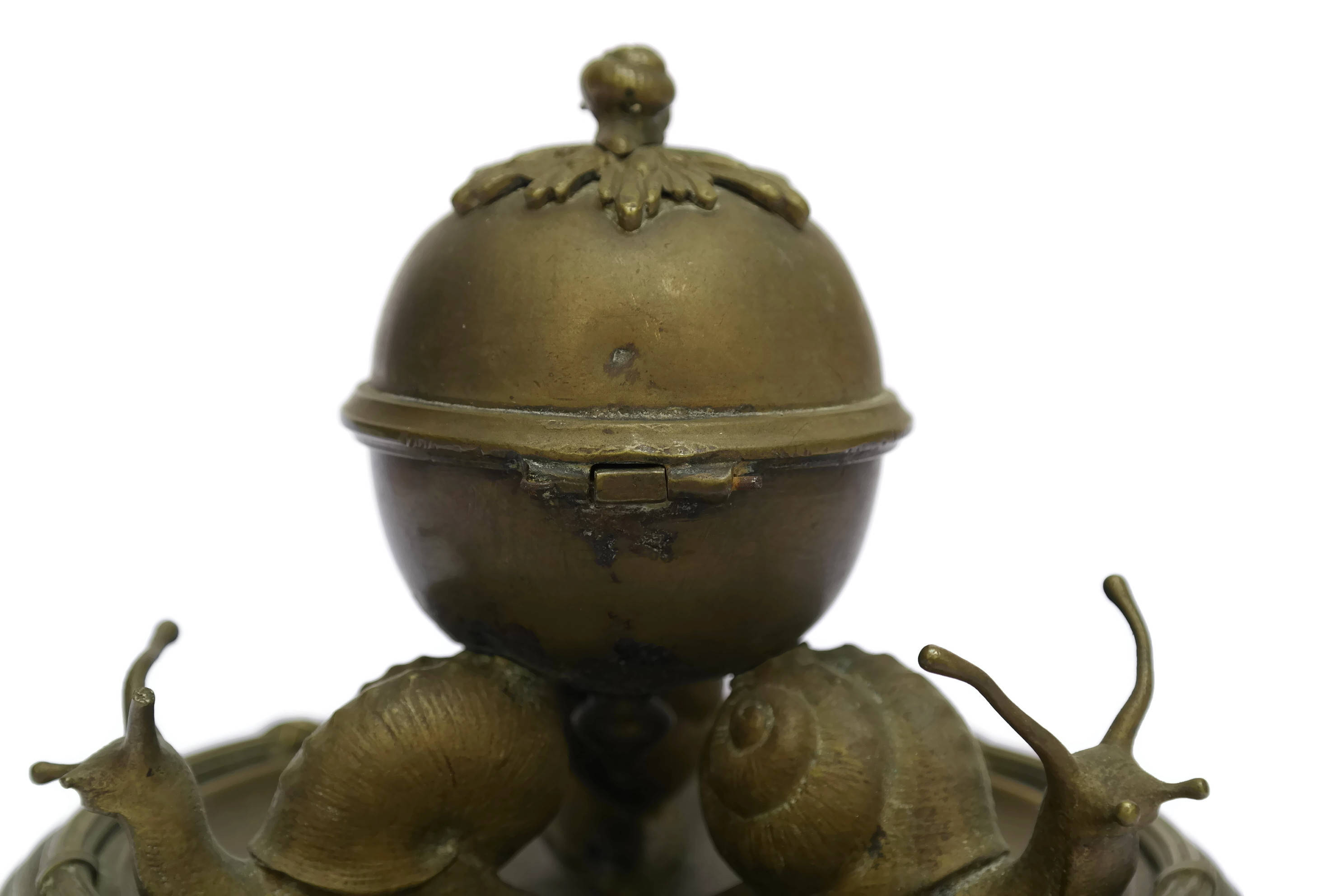 Antique Bronze French Snail Caviar Bowl with Lid. Escargot Sauce Dish