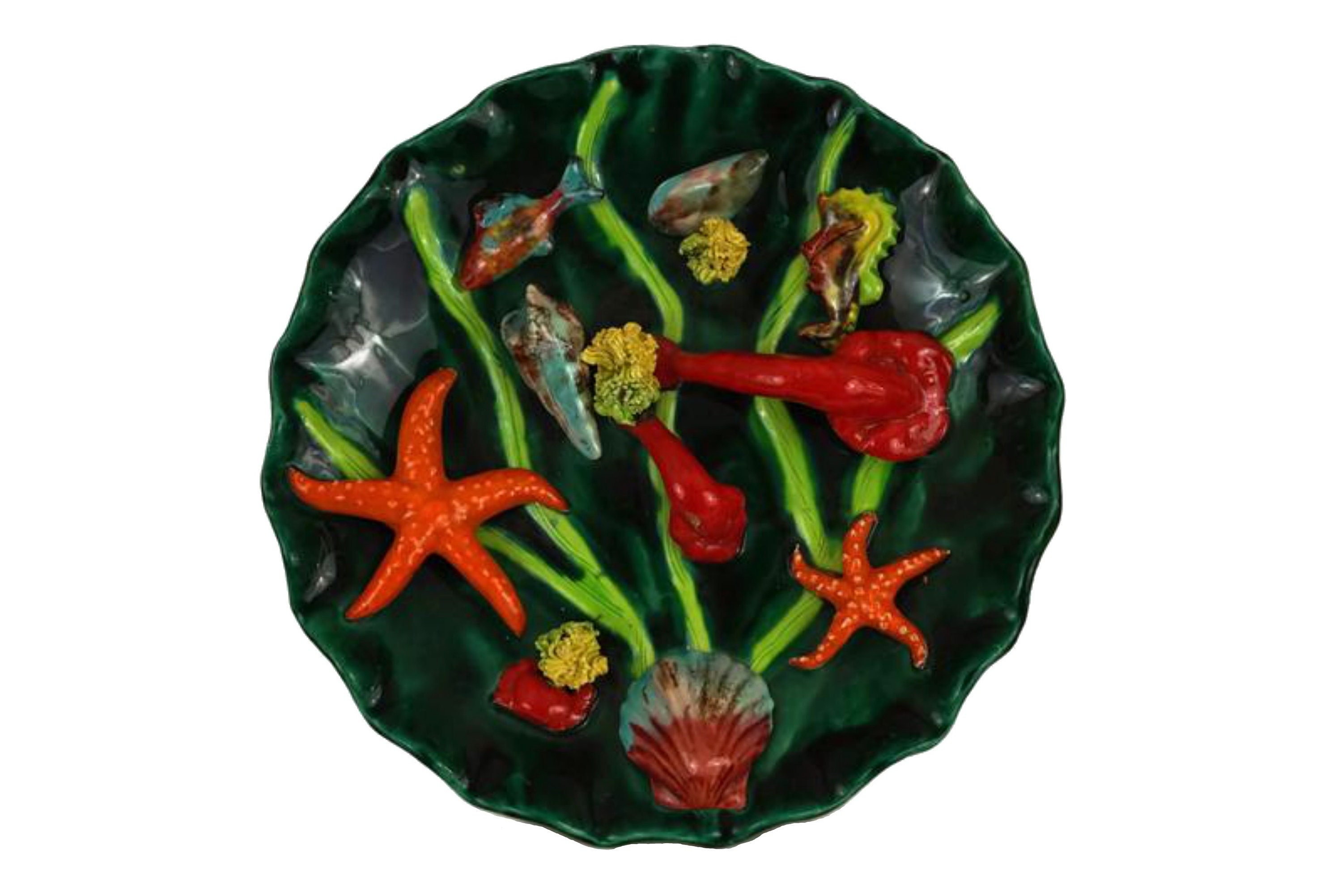 Français Majolica Fish Ceramic Plate, Large Mid Century Palissy Wall Plate With Seafood