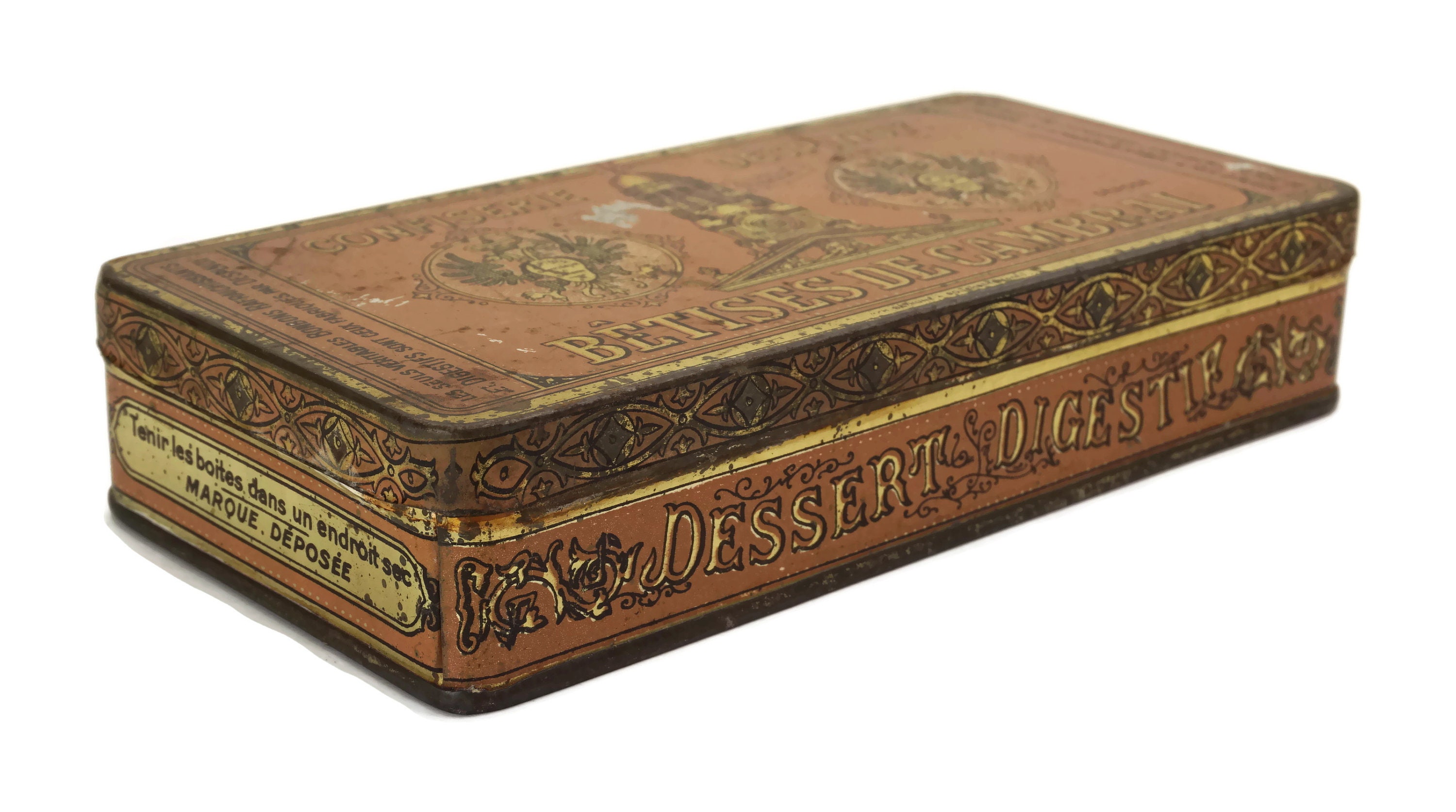 Antique French Candy Tin Box with Advertising for Betises de Cambrai