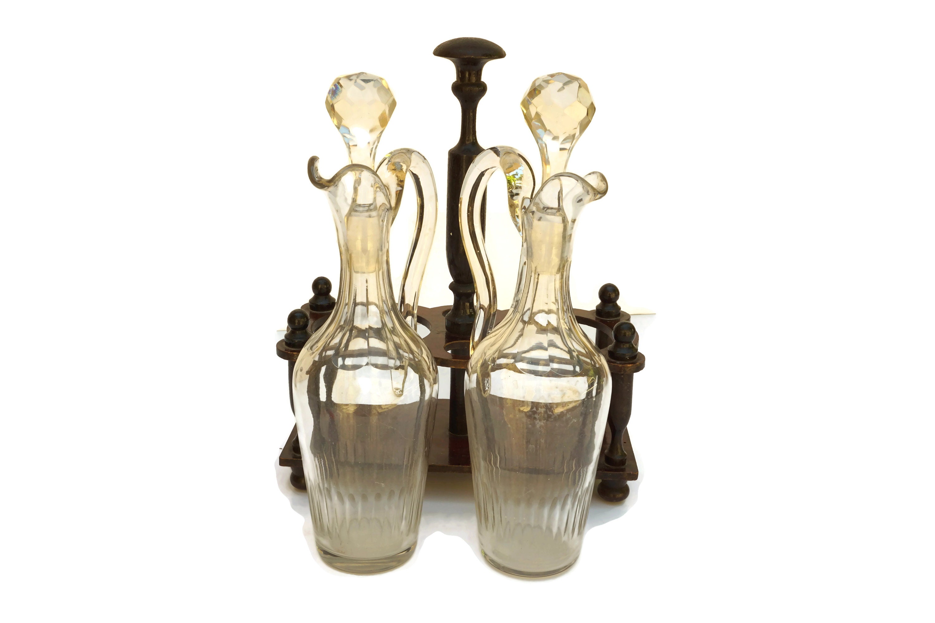 Antique Oil and Vinegar Set with Wooden Caddy, French Salad Dressing